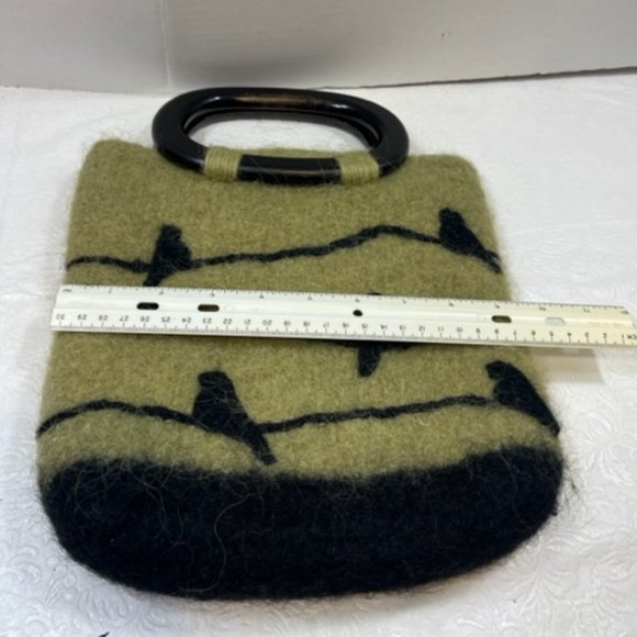 Wool Green w/Birds Double Wooden Handle Handbag Purse Hnadmade - Picture 9 of 13